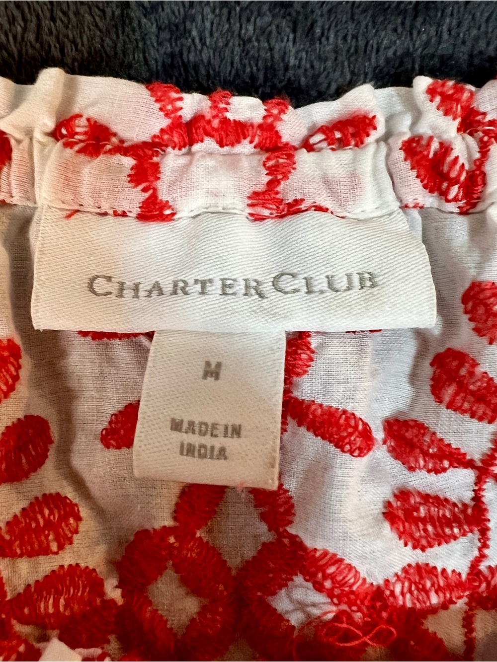 Charter Club Wms Red Cotton Eyelet Embroidered Scalloped Boho Peasant Top M - Picture 7 of 11